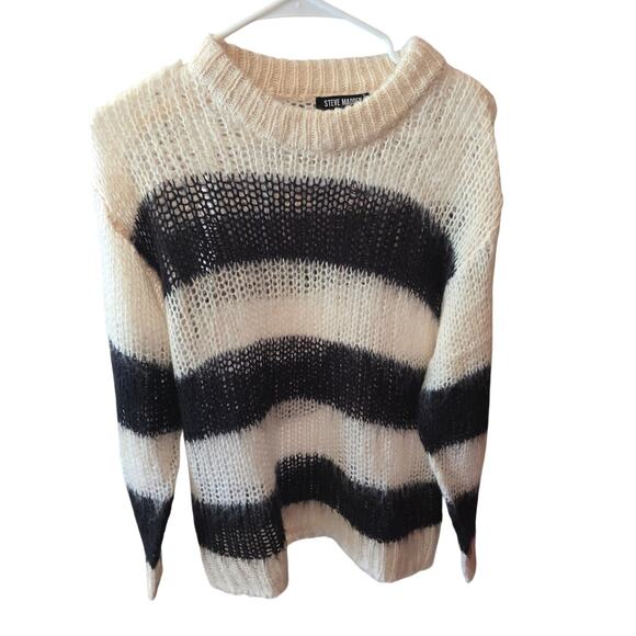 Steve Madden Striped Color Block Fuzzy Sweater S Womens Black Cream Long sleeve - Picture 1 of 5